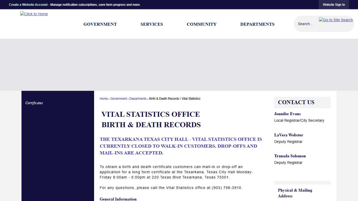 VITAL STATISTICS OFFICE                           Birth & Death Records               | Texarkana, TX - Official Website