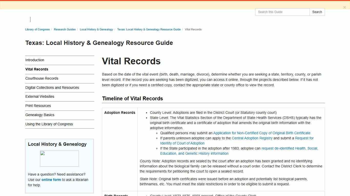 Vital Records - Texas: Local History & Genealogy Resource Guide - Research Guides at Library of Congress